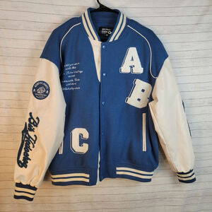 Aelfric Eden Letter Graphic Varsity Jacket in Blue/White, sz Small